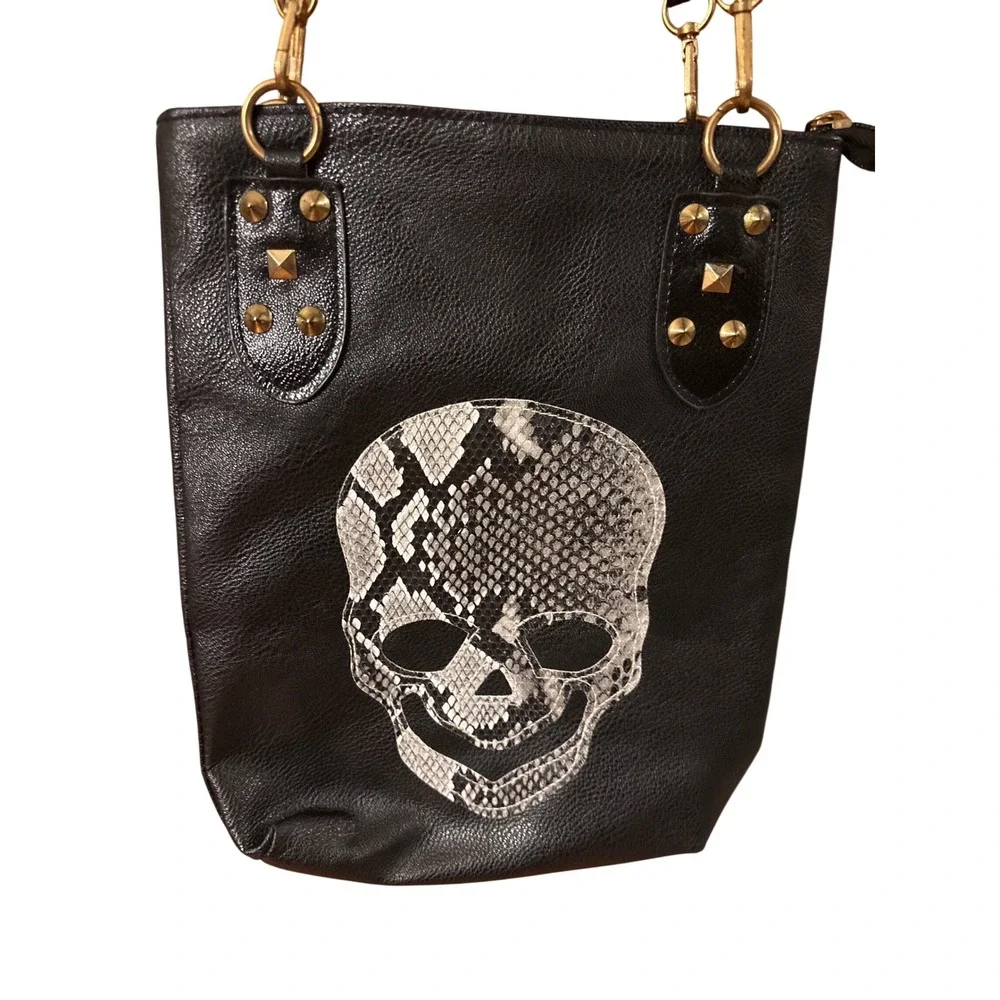 Black Faux Leather Skull Crossbody Bag Snakeskin Print‎ Gold Studded Messenger